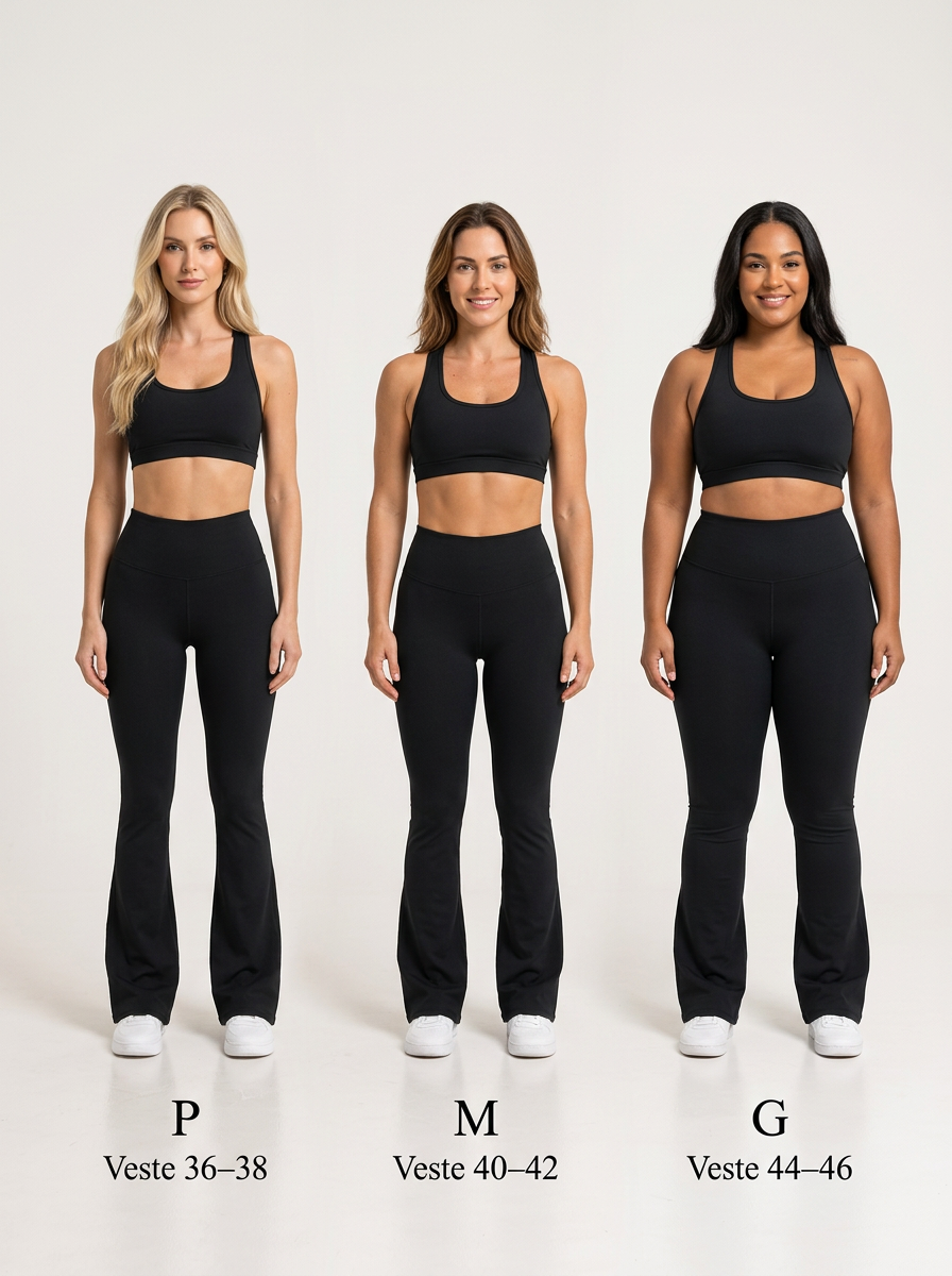 Comparativo da calça Noir nos tamanhos P, M e G vestida por três modelos diferentes