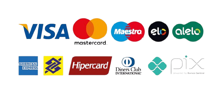 Formas de pagamento aceitas: Visa, Mastercard, Maestro, Elo, Alelo, American Express, Banco do Brasil, Hipercard, Diners Club e Pix