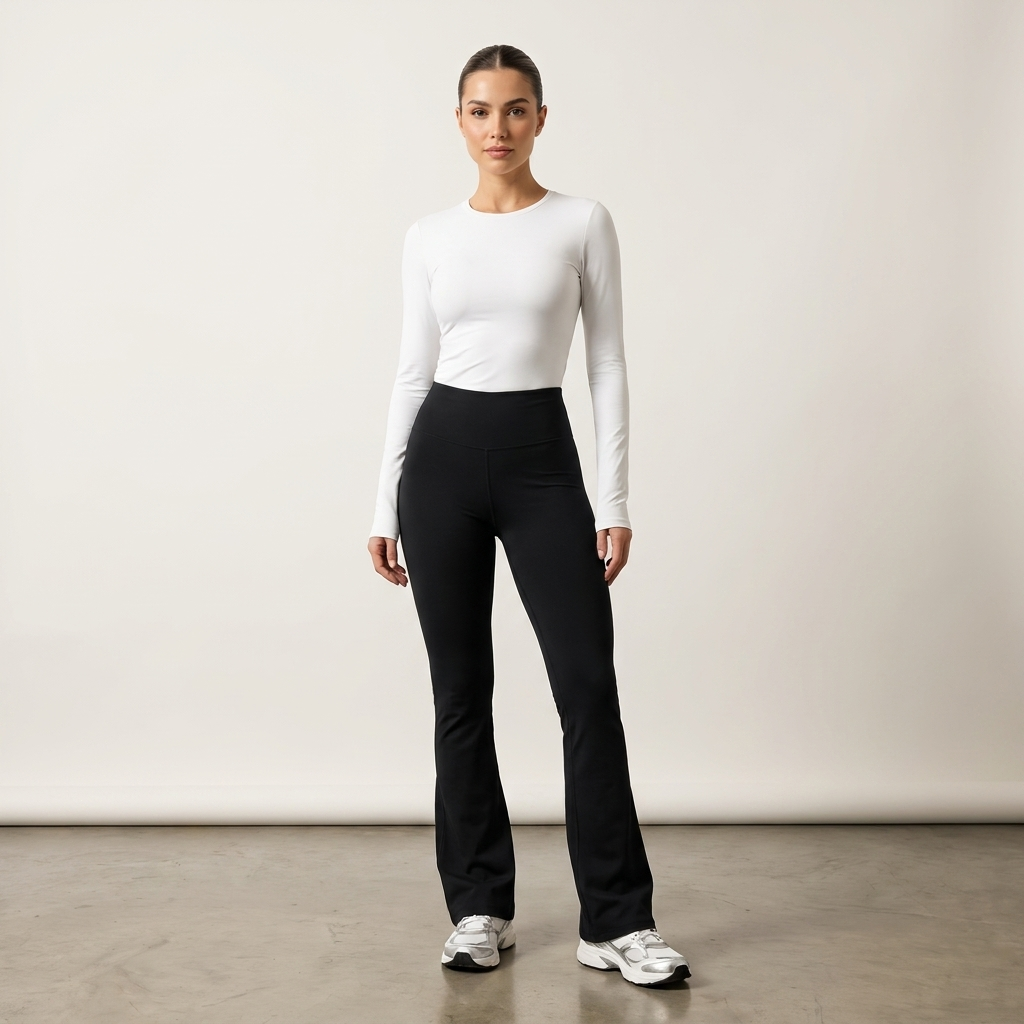 Modelo usando a calça Noir preta com blusa branca.